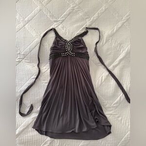 Sky Charcoal Gray Backless Halter Dress with Crystal and Chain Embellishments